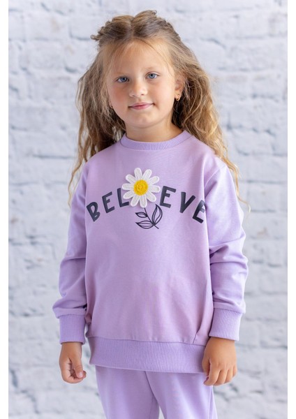Kız Çocuk Çiçek Aksesuarlı Sweatshirt - Lila