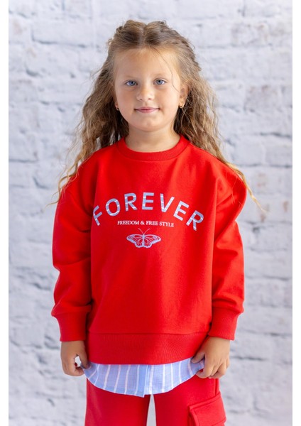 Kız Çocuk Gömlek Detaylı Baskılı Sweatshirt - Kırmızı fiyatları