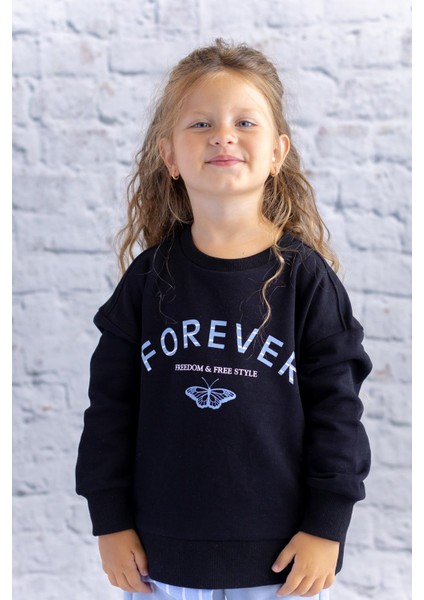 Kız Çocuk Gömlek Detaylı Baskılı Sweatshirt - Siyah
