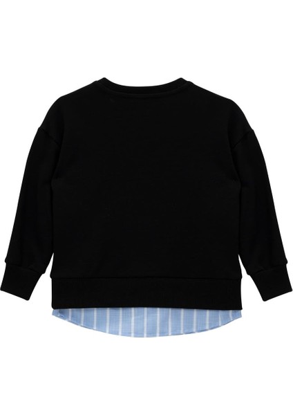Kız Çocuk Gömlek Detaylı Baskılı Sweatshirt - Siyah