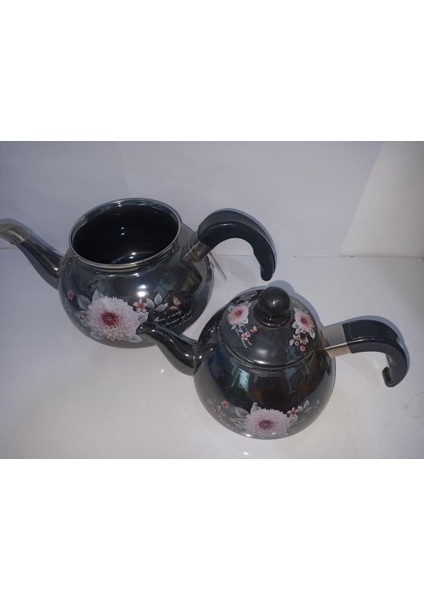 Yanmaz Lüx Emaye Çaydanlık Seti Büyük Boy Çiçek Desenli Metalik Alt 20 cm Üst 15 cm Genişliğinde