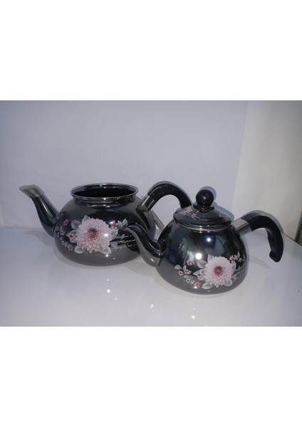 Yanmaz Lüx Emaye Çaydanlık Seti Büyük Boy Çiçek Desenli Metalik Alt 20 cm Üst 15 cm Genişliğinde