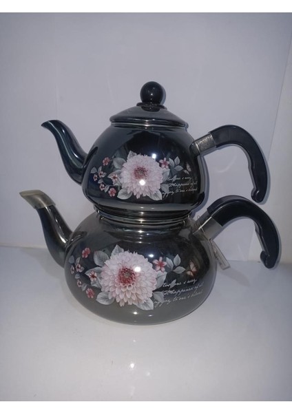 Yanmaz Lüx Emaye Çaydanlık Seti Büyük Boy Çiçek Desenli Metalik Alt 20 cm Üst 15 cm Genişliğinde