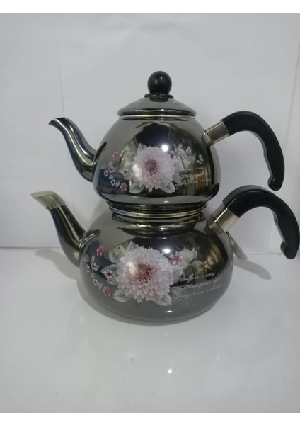 Yanmaz Lüx Emaye Çaydanlık Seti Büyük Boy Çiçek Desenli Metalik Alt 20 cm Üst 15 cm Genişliğinde
