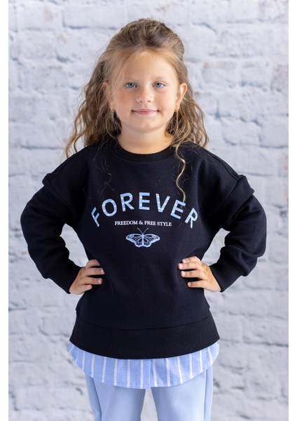 Kız Çocuk Gömlek Detaylı Baskılı Sweatshirt - Siyah