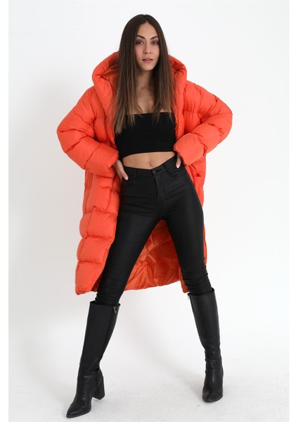 Kapüşonlu Uzun Oversize Şişme Kadın Mont - Turuncu modelleri