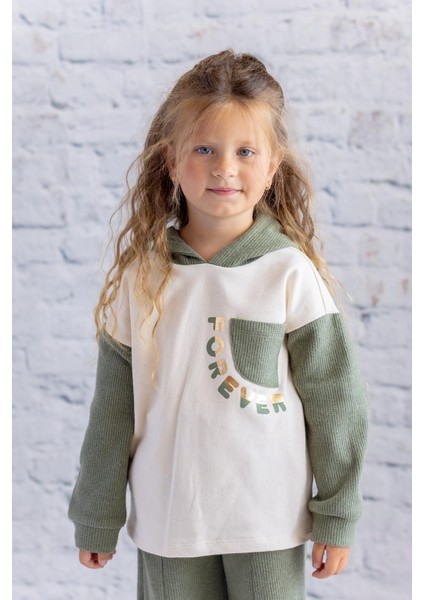 Kız Çocuk Waffle Kumaş Garnili Baskılı Sweatshirt - Krem