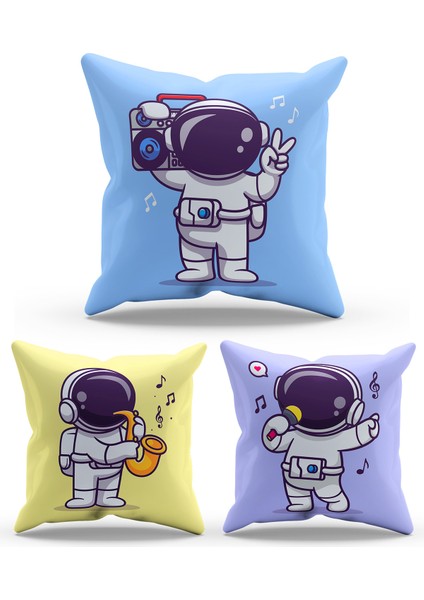 Çift Tarafı Baskılı Cute Astronaut Desenli 3'lü Kombin Süet Kırlent Kılıfı