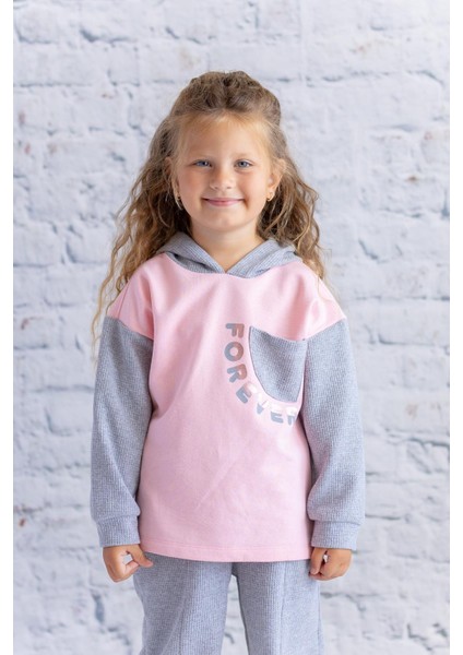 Kız Çocuk Waffle Kumaş Garnili Baskılı Sweatshirt - Pembe