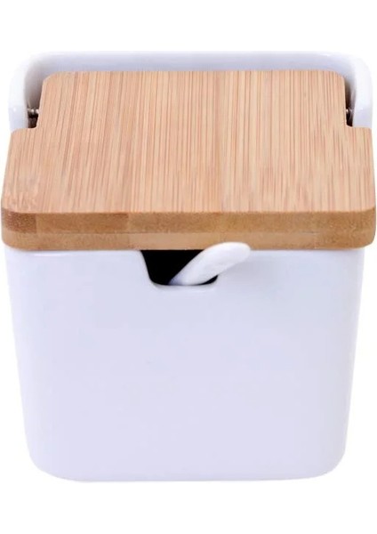 Bambu Kapaklı Porselen Kaşıklı Tuz Kabı Düz 1 Adet ( Gnl)(9*9*8,6 cm)