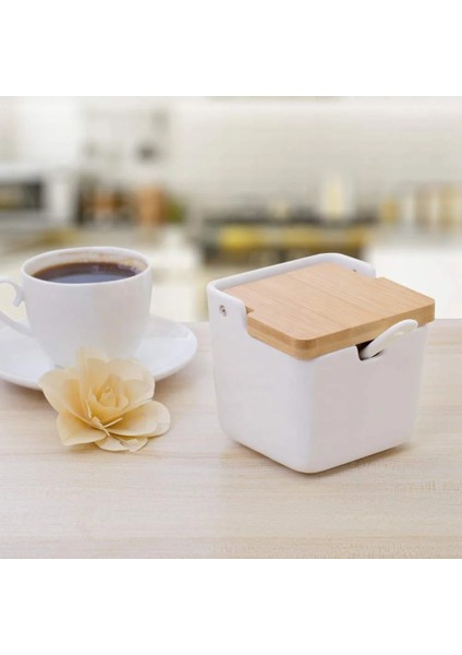 Bambu Kapaklı Porselen Kaşıklı Tuz Kabı Düz 1 Adet ( Gnl)(9*9*8,6 cm)