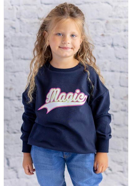 Kız Çocuk Sim Baskılı Basic Sweatshirt - Lacivert modelleri