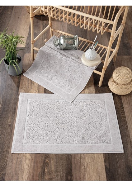 2'li Set Damask Desenli Ayak Havlusu - Yumuşak & Kalın - %100 Pamuklu Gri Havlu Takımı - 50X70 cm