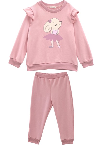 Kız Bebek Baskılı Kolları Fırfır Detaylı Eşofman Takımı - Pembe
