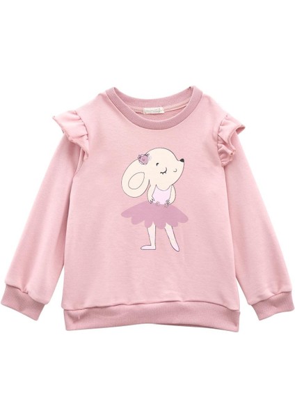 Kız Bebek Baskılı Kolları Fırfır Detaylı Eşofman Takımı - Pembe