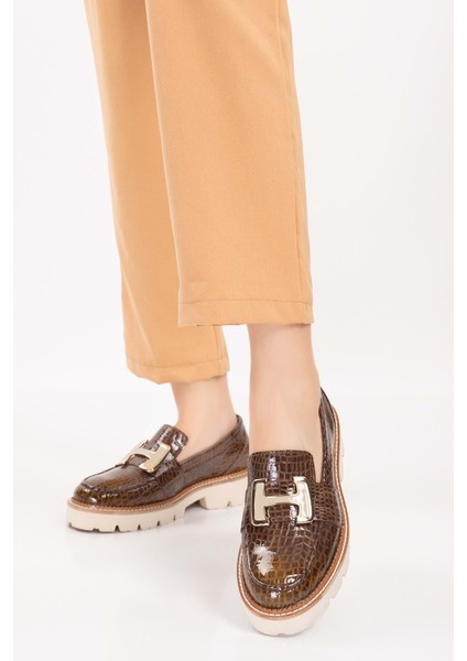 Deri Kalın Taban Hafif Oxford Ayakkabı YT.100 - Kahve Croco - 41