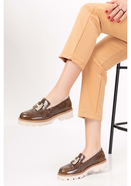 Deri Kalın Taban Hafif Oxford Ayakkabı YT.100 - Kahve Croco - 41 indirimleri