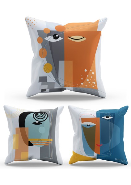 Çift Tarafı Baskılı Face Art Desenli 3'lü Kombin Süet Kırlent Kılıfı