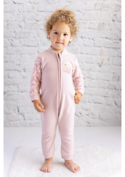 Kız Bebek Tavşan Nakışlı Kolları Garnili Tulum - Pembe