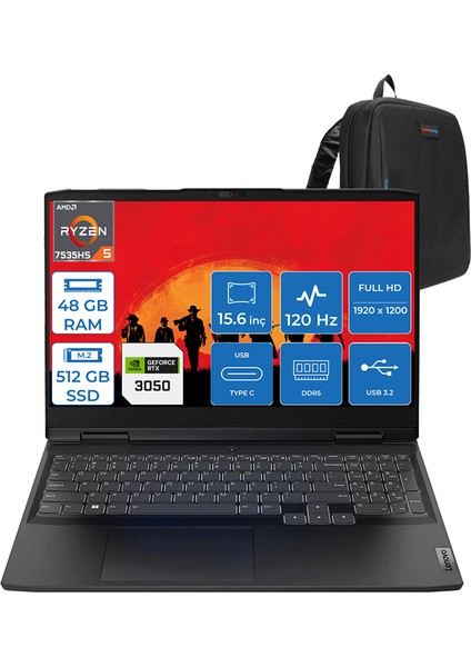 Ideapad Gaming 3 15ARH7 Ryzen 5 7535HS 48GB Ddr5 512GB SSD 6GB/RTX3050/85W 15.6" Fhd IPS 120Hz Windows 11 Pro Taşınabilir Bilgisayar 882SB00RHTXP12 + Zettaçanta