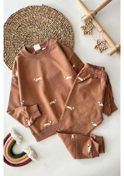 Köpek Baskılı Erkek Çocuk 2 li takım - Kahverengi