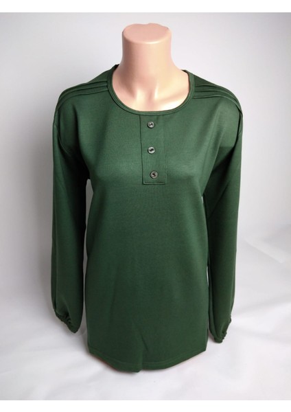 Kadın Yeşil Bisiklet Yaka Patlı Üç Düğmeli Uzun Kollu Lastikli Yırtmaçlı Iki Iplik Bluz