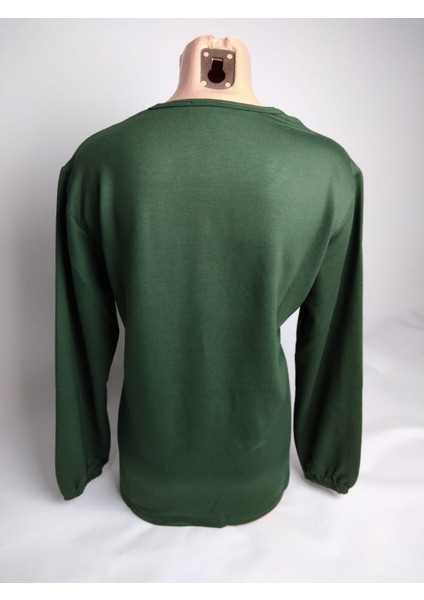 Kadın Yeşil Bisiklet Yaka Patlı Üç Düğmeli Uzun Kollu Lastikli Yırtmaçlı Iki Iplik Bluz fiyatları