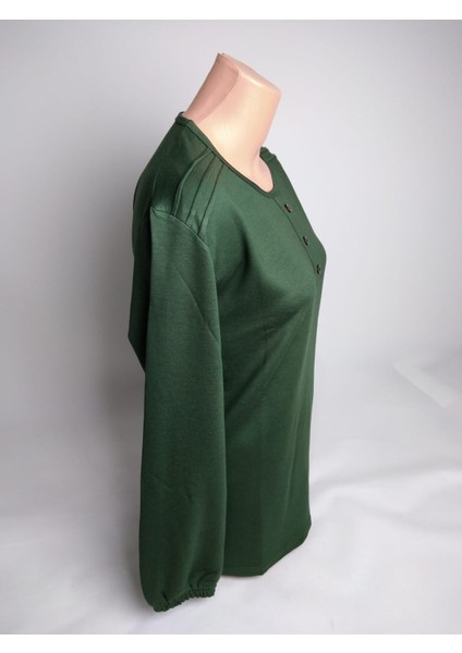 Kadın Yeşil Bisiklet Yaka Patlı Üç Düğmeli Uzun Kollu Lastikli Yırtmaçlı Iki Iplik Bluz modelleri