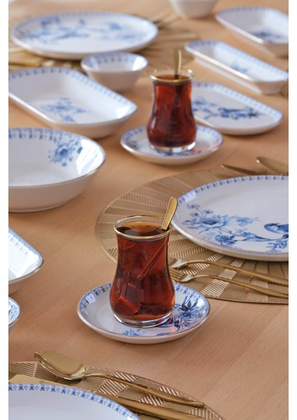 Asya Mavi Kuş Altın Yaldızlı 41 Parça 6 Kişilik Seramik Kahvaltı Takımı