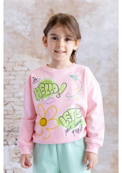 Kız Çocuk Baskılı Sweatshirt - Pembe