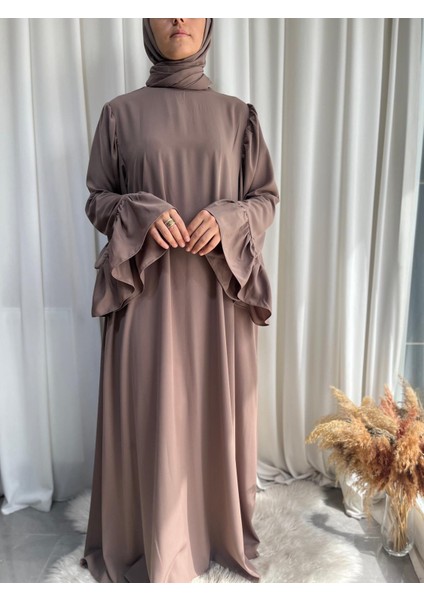 Model Zeliha Kolları Geniş Tesettür Elbise - Vizon