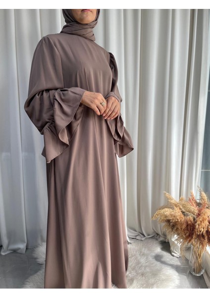 Model Zeliha Kolları Geniş Tesettür Elbise - Vizon