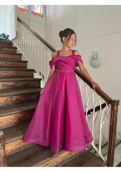 Kız Çocuk Uzun Fuşya Askılı Şifon Abiye Elbise 10-14 Yaş