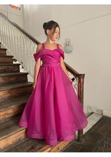 Kız Çocuk Uzun Fuşya Askılı Şifon Abiye Elbise 10-14 Yaş fiyatları