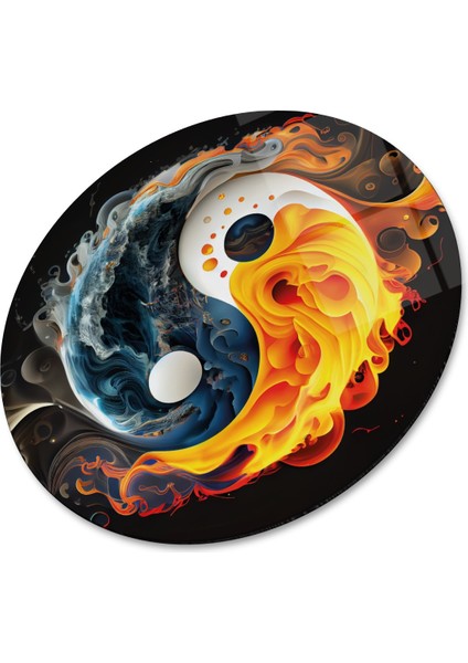 Ying Yang Yuvarlak Cam Tablo | Hediyelik, Dekoratif, Ofis, Mutfak - 30 x 30