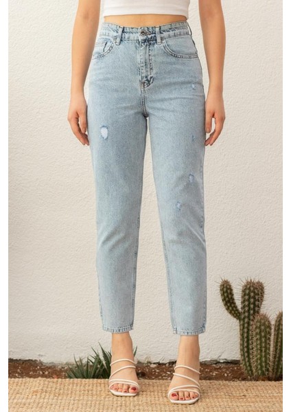Yıpratmalı Kadın Mom Jean Yüksek Bel Likrasız Pamuk Kot Pantolon ANNA-2075 fiyatları