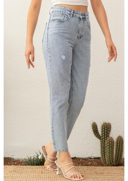Yıpratmalı Kadın Mom Jean Yüksek Bel Likrasız Pamuk Kot Pantolon ANNA-2075 fırsatları