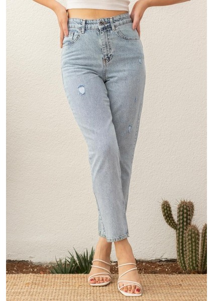 Yıpratmalı Kadın Mom Jean Yüksek Bel Likrasız Pamuk Kot Pantolon ANNA-2075
