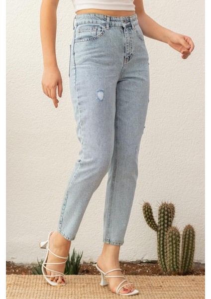 Yıpratmalı Kadın Mom Jean Yüksek Bel Likrasız Pamuk Kot Pantolon ANNA-2075 modelleri