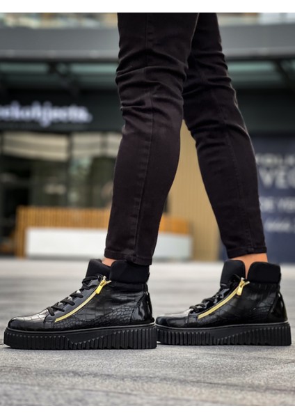 SNR-512 Boa Kalın Yüksek Siyah Taban Çift Fermuarlı Siyah Erkek Spor Bot modelleri