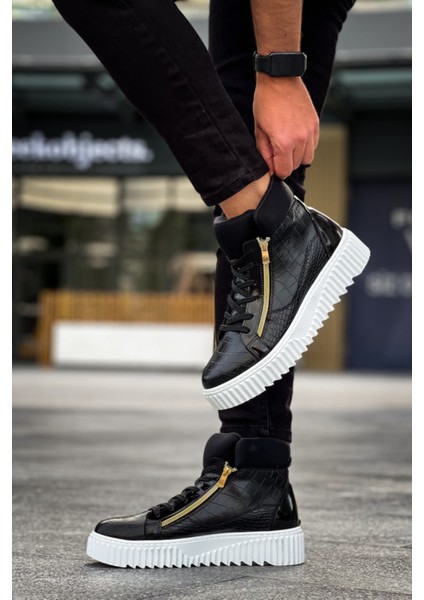 SNR-512 Boa Kalın Yüksek Taban Çift Fermuarlı Siyah Erkek Spor Bot indirimleri