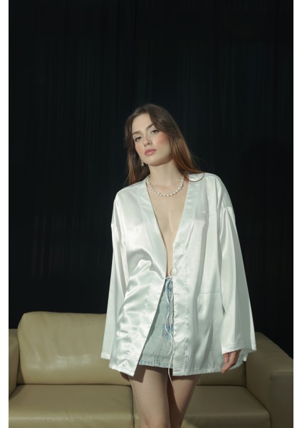 Saten Oversize Beyaz Gömlek