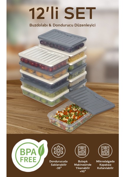 12'li Renkli Buzdolabı Düzenleyici Buzluk ve Mikrodalga Saklama Kabı 12X1200 ml