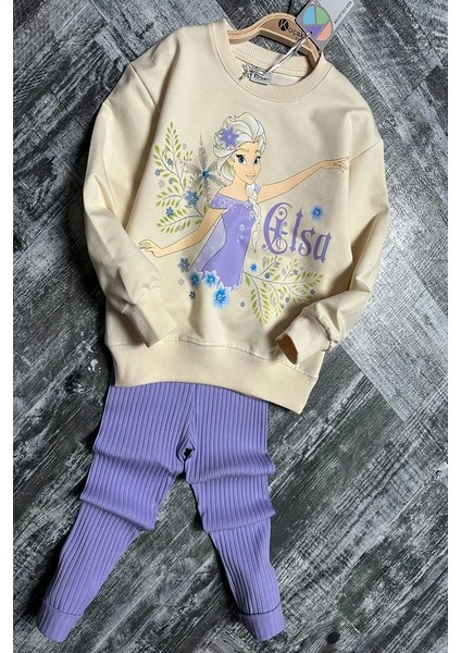 Yeni Sezon Elsa Desenli Lila Renk Kız Çocuk Taytlı Takım