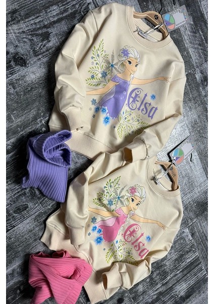 Yeni Sezon Elsa Desenli Lila Renk Kız Çocuk Taytlı Takım