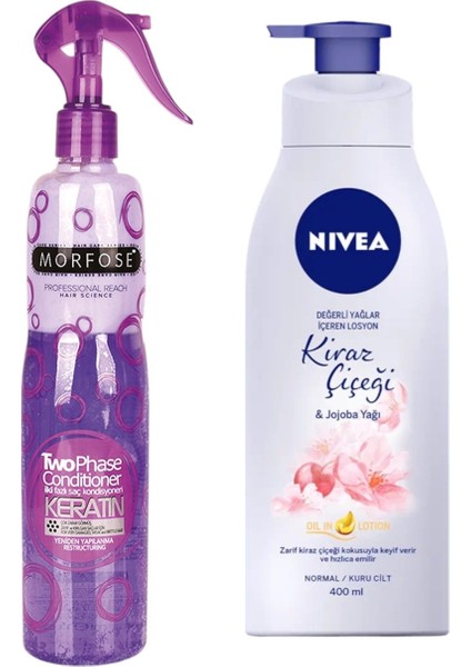 Çift Fazlı Keratin Fön Suyu 400 ml + Nivea Kiraz Çiçeği Vücut Losyonu 400 ml