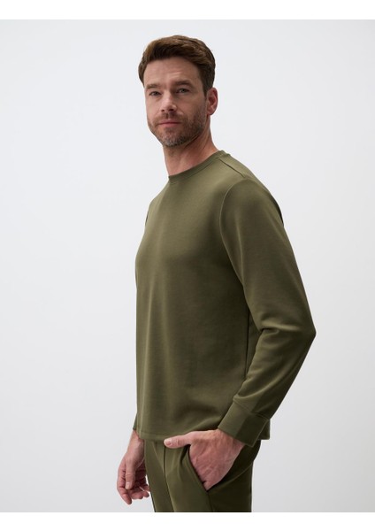 Haki Bisiklet Yaka Uzun Kollu Erkek Sweatshirt