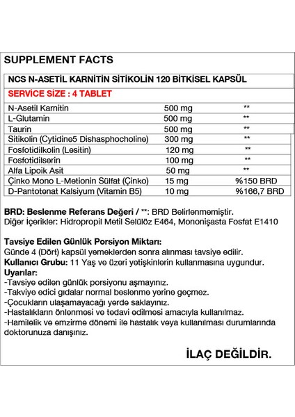 N-Asetil Karnitin Sitikolin L-Glutamin Taurin 120 Bitkisel Kapsül