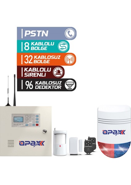 Opax-2545+Bgr-10+Akü Pstn Panel & Bgr-10 Kablolu Sirenli Full Alarm Seti Akü Dahil