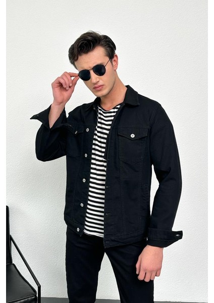 Erkek Siyah Jean Denim Standart Kalıp %100 Pamuk Cepli Düğmeli Kot Ceket HLTHE042101